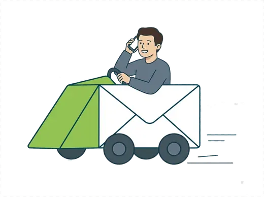 Illustration of a man on the phone riding an envelope shaped car to reach the EOR BD team in Dhaka