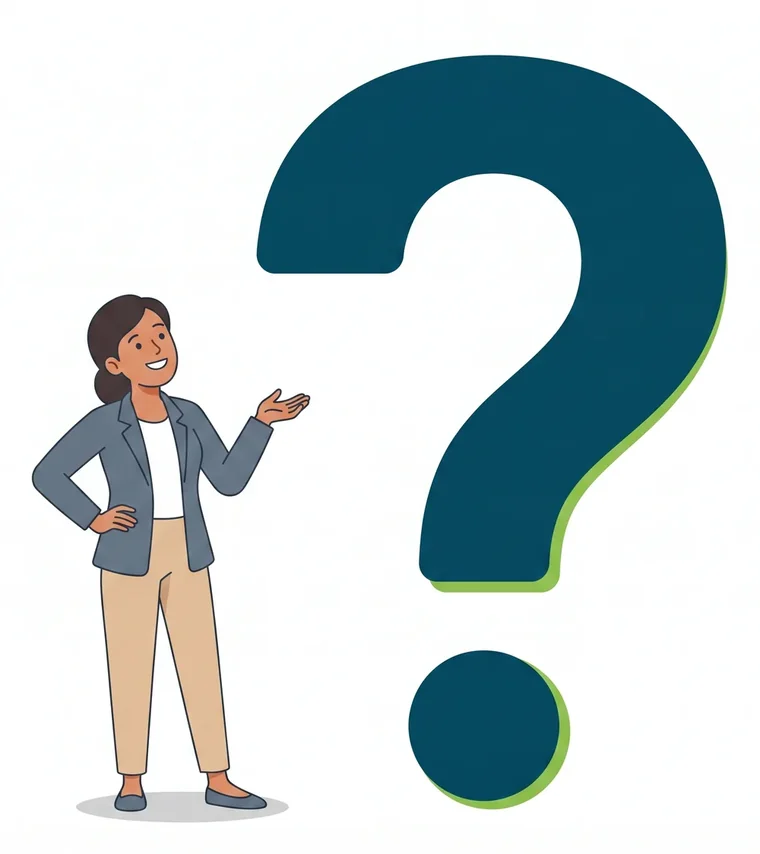 Illustration of a woman looking up at a large question mark beside the frequently asked questions