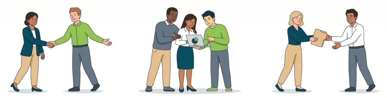 Illustration of the EOR BD team in Bangladesh working together to support employers hiring here
