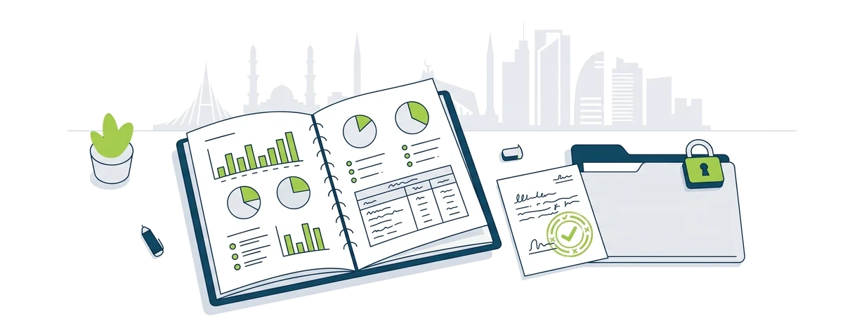 Monthly benefits reporting pack open beside a stamped remittance receipt and a locked records folder, with a pale Dhaka skyline behind
