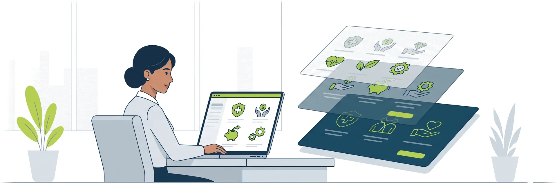 HR lead reviewing an employee benefits enrolment screen beside four stacked benefit layers: the statutory floor, a provident fund or gratuity scheme, group health and life cover, and allowances
