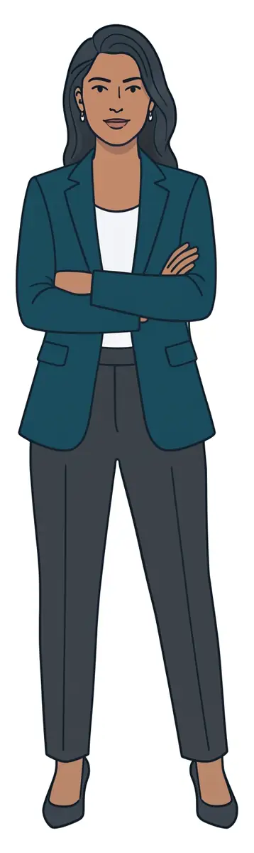 Illustration of a businesswoman in a teal blazer and grey trousers standing with her arms crossed