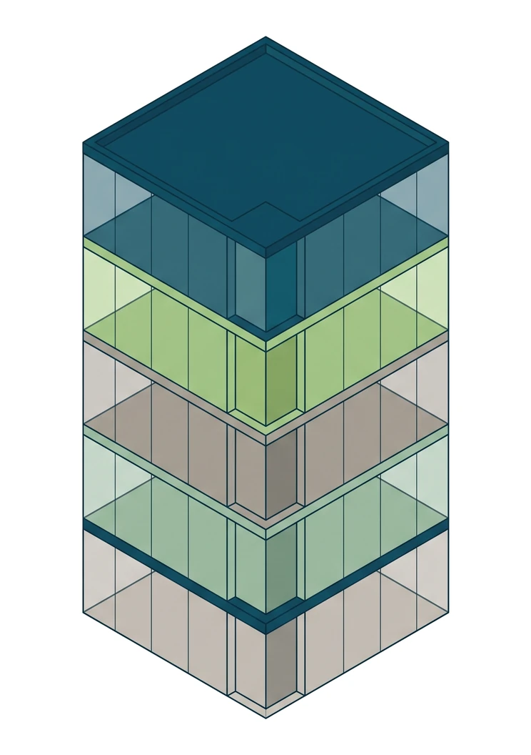 Isometric illustration of five stacked floors on one shared structure, representing the five managed HR services EOR BD runs in Bangladesh