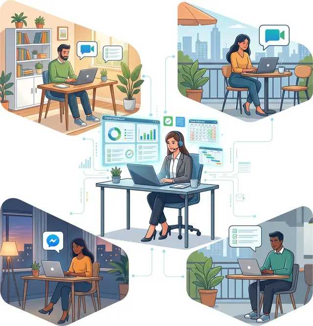 Managed remote team members in Bangladesh working at home and office desks, coordinated by a named local team lead in Dhaka using a shared project dashboard and team calendar