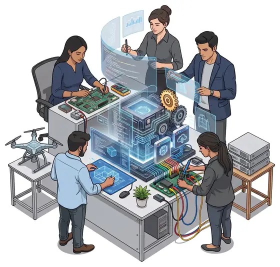 Engineering team in a Dhaka offshore development center working on circuit boards, code review, CI pipelines and cloud infrastructure at a shared workbench