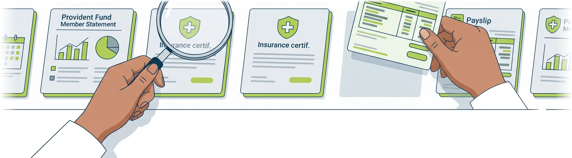 Benefits register laid out as document cards — provident fund member statement, leave ledger, insurance certificate and payslip — with one being checked under a magnifier